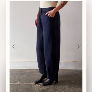 Monica Cordera curved leg pant in denim.